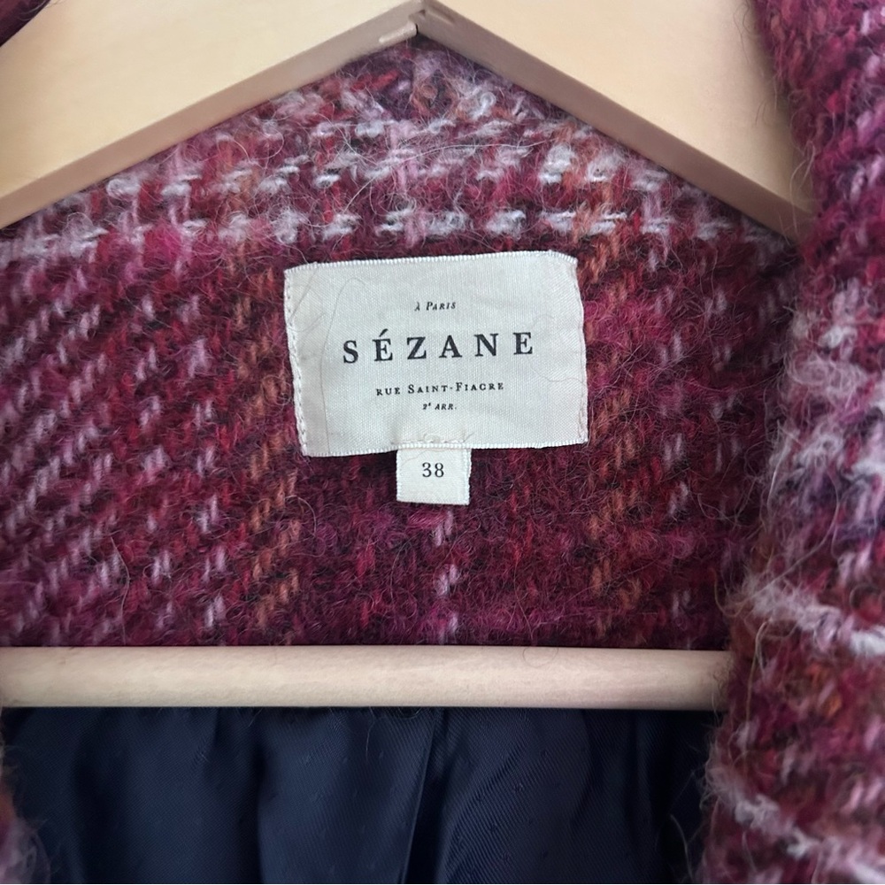 Sézane Joe Shawl Wool Blend Coat in Burgundy and Pink Tartan Sz 38 US 6 - Picture 5 of 10
